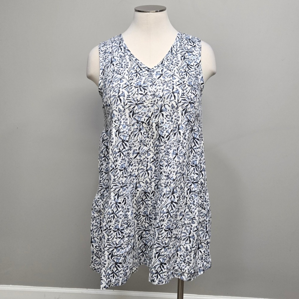 Lucky Brand 100% Linen Mini‎ Dress XL Blue Floral Tiered Shift Cottage Coastal